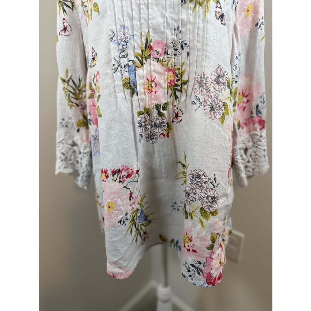 J Jill Love Linen Floral Top Size Medium Lace Trim Lagenlook Pleated Cottage - Picture 9 of 10
